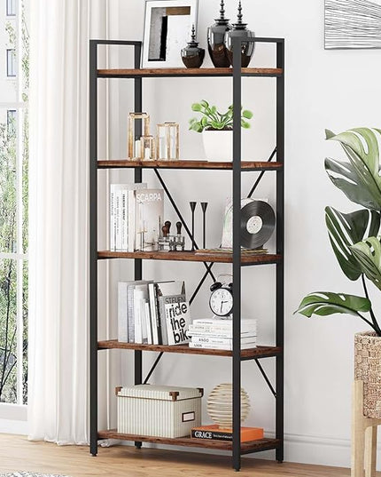 BON AUGURE Industrial Bookshelf, Etagere Bookcases and Book Shelves 5 Tier, Rustic Wood and Metal Shelving Unit (Rustic Oak) - LeafyLoom