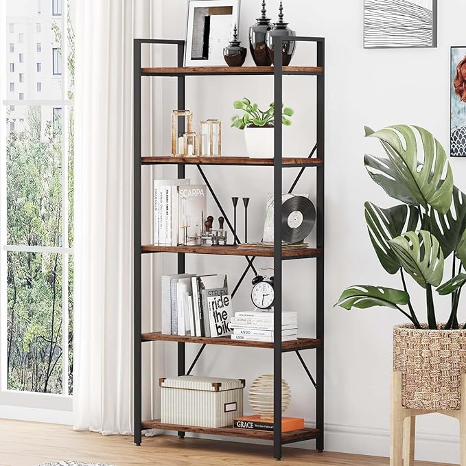 BON AUGURE Industrial Bookshelf, Etagere Bookcases and Book Shelves 5 Tier, Rustic Wood and Metal Shelving Unit (Rustic Oak) - LeafyLoom