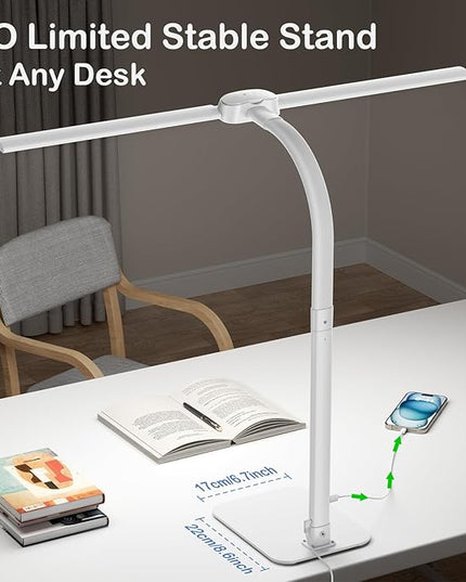 Desk Lamp with USB Charging Port for Home Office 24w Architect Remote Base Dual Task Led Light Modern 5 Color Modes Dimmable Adjustable Gooseneck Double Head Reading Drafting Eye Caring Tall Lamps - LeafyLoom