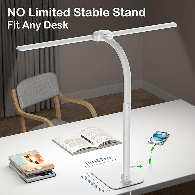Desk Lamp with USB Charging Port for Home Office 24w Architect Remote Base Dual Task Led Light Modern 5 Color Modes Dimmable Adjustable Gooseneck Double Head Reading Drafting Eye Caring Tall Lamps - LeafyLoom