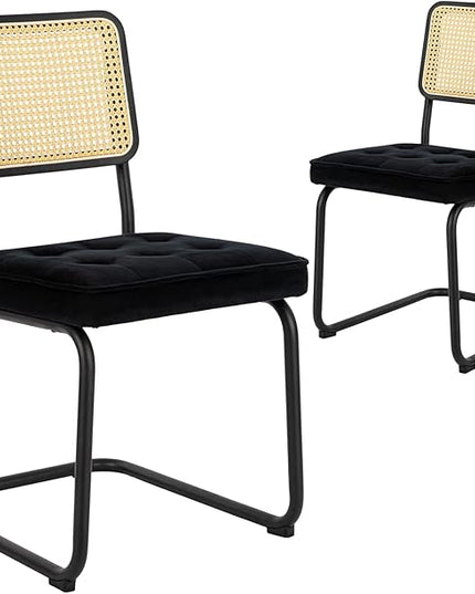 COLAMY Mid Century Modern Dining Chairs Set of 2, Velvet Rattan Dining Room Kitchen Side Chairs with Upholstered Seat and Metal Chrome Legs for Home, Living Room, Bedroom - Black - LeafyLoom