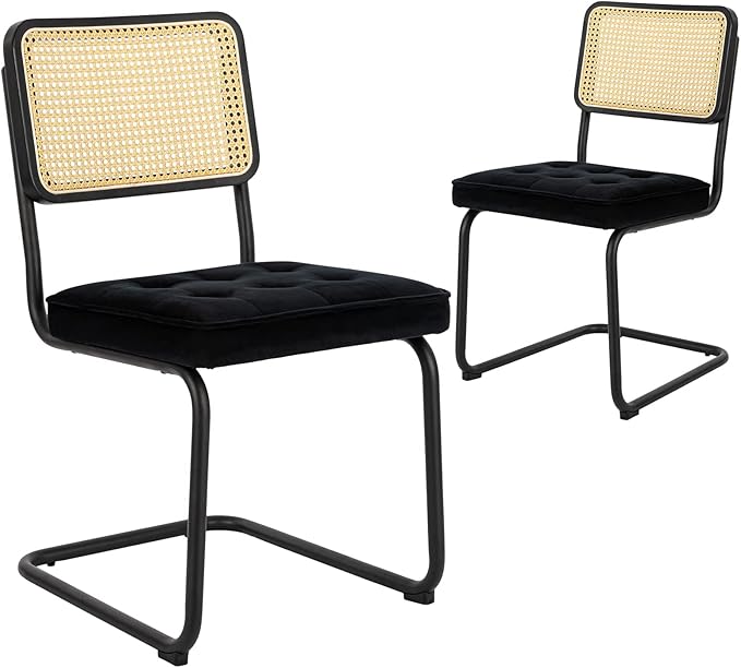 COLAMY Mid Century Modern Dining Chairs Set of 2, Velvet Rattan Dining Room Kitchen Side Chairs with Upholstered Seat and Metal Chrome Legs for Home, Living Room, Bedroom - Black - LeafyLoom