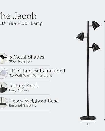 Brightech Jacob LED Standing Lamp, Modern Bright Floor Lamps for Living Rooms & Bedrooms, Tall LED Lighting Lamp with Adjustable 3 Light Tree – Classic Black - LeafyLoom