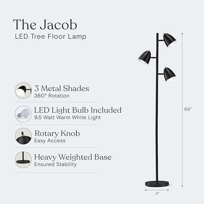 Brightech Jacob LED Standing Lamp, Modern Bright Floor Lamps for Living Rooms & Bedrooms, Tall LED Lighting Lamp with Adjustable 3 Light Tree – Classic Black - LeafyLoom