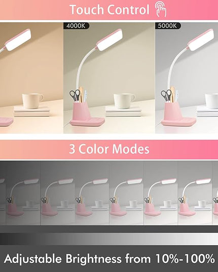 Sailstar Cute Desk Lamp, Pink Small Desk Lamp with Pen Holder, Wireless Charger LED Desk Lamps for Home Office, Kids Desk Lamp 800LM Gooseneck 3 Modes Dimmable Touch, Study Lamp for College Dorm Room - LeafyLoom