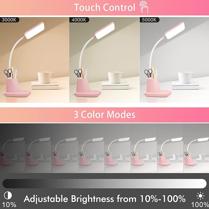 Sailstar Cute Desk Lamp, Pink Small Desk Lamp with Pen Holder, Wireless Charger LED Desk Lamps for Home Office, Kids Desk Lamp 800LM Gooseneck 3 Modes Dimmable Touch, Study Lamp for College Dorm Room - LeafyLoom
