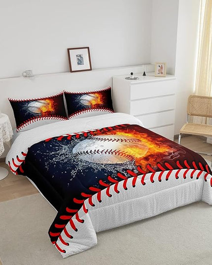 Erosebridal Baseball Comforter Set Kids Baseball Queen Bedding Set for Teen Boys Sports Games Bedding Comforter Sets Red Blue Water Fire Quilted Duvet Sport Theme Bedroom Dorm Decor 2 Pillowcases - LeafyLoom
