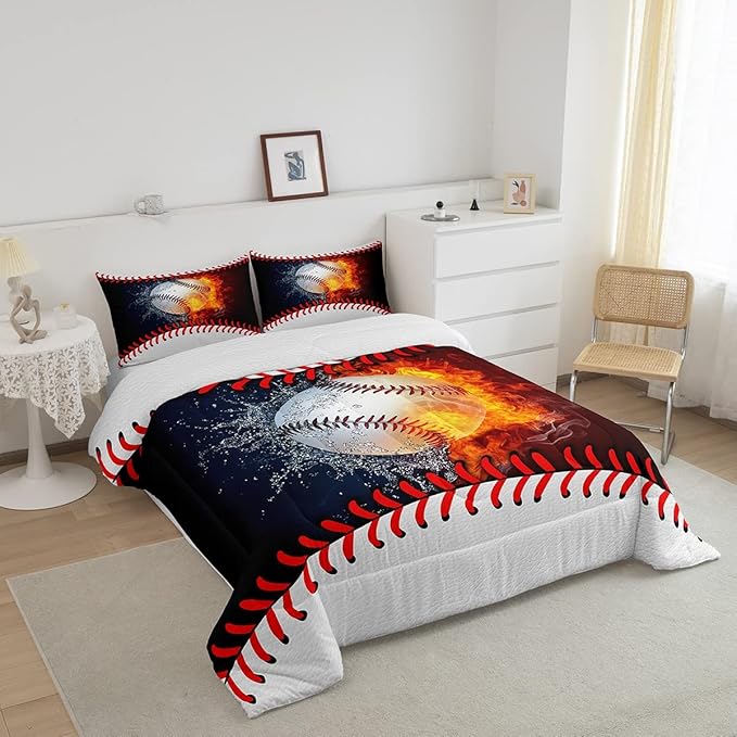 Erosebridal Baseball Comforter Set Kids Baseball Queen Bedding Set for Teen Boys Sports Games Bedding Comforter Sets Red Blue Water Fire Quilted Duvet Sport Theme Bedroom Dorm Decor 2 Pillowcases - LeafyLoom