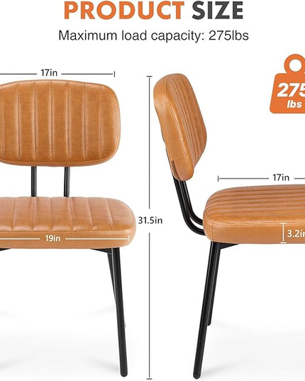 Sweetcrispy Dining Chairs Set of 2, Upholstered Mid Century Modern Kitchen Dining Room Accent Chairs with Faux Leather Cushion Seat & Metal Legs for Kitchen, Living Room - Brown - LeafyLoom