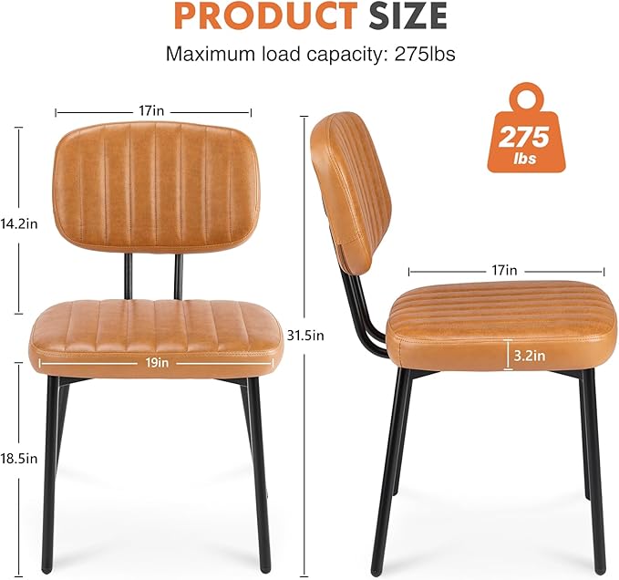 Sweetcrispy Dining Chairs Set of 2, Upholstered Mid Century Modern Kitchen Dining Room Accent Chairs with Faux Leather Cushion Seat & Metal Legs for Kitchen, Living Room - Brown - LeafyLoom