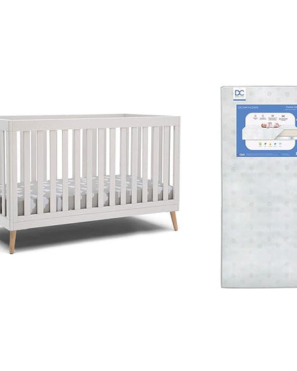 Delta Children Essex 4-in-1 Convertible Baby Crib, Bianca White with Natural Legs + Delta Children Twinkle Galaxy Dual Sided Recycled Fiber Core Crib and Toddler Mattress (Bundle) - LeafyLoom