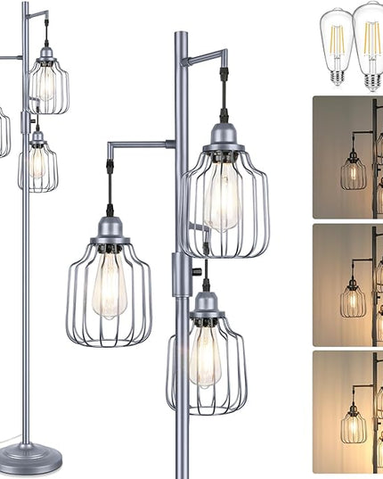 Floor Lamp with 3 LED Edsion Bulbs, Farmhouse Tall Standing Lamp for Living Room, Dimmable Industrial Rustic Grey Tree Bright Vintage Pole Light with Cage Shades for Bedroom Home Decor - LeafyLoom