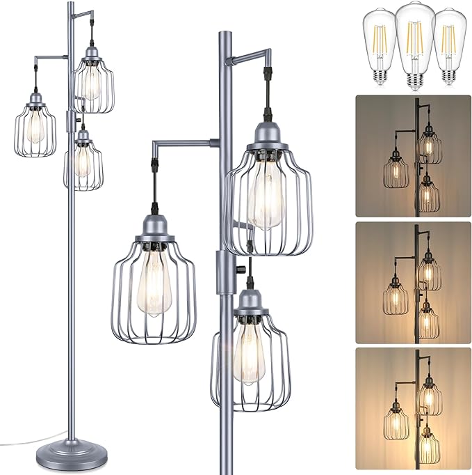 Floor Lamp with 3 LED Edsion Bulbs, Farmhouse Tall Standing Lamp for Living Room, Dimmable Industrial Rustic Grey Tree Bright Vintage Pole Light with Cage Shades for Bedroom Home Decor - LeafyLoom