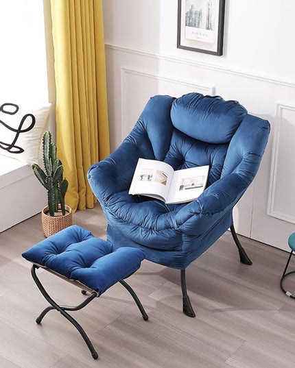 LITA Lazy Chair with Ottoman, Modern Accent Leisure Upholstered Sofa Chair, Contemporary Lounge Reading Chair with Armrests and a Side Pocket for Living Room, Bedroom & Small Space, Royal Blue - LeafyLoom