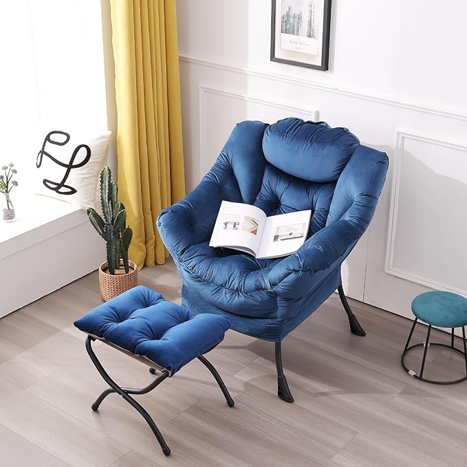 LITA Lazy Chair with Ottoman, Modern Accent Leisure Upholstered Sofa Chair, Contemporary Lounge Reading Chair with Armrests and a Side Pocket for Living Room, Bedroom & Small Space, Royal Blue - LeafyLoom