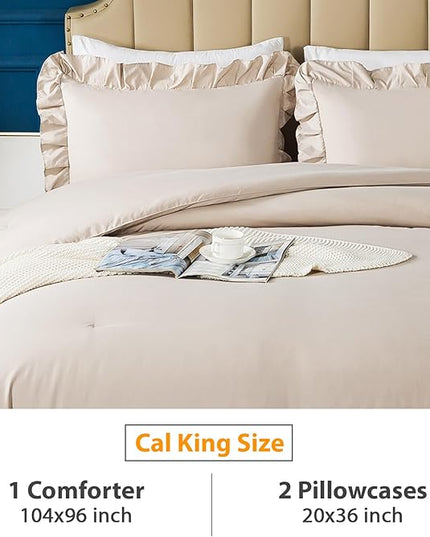 Andency California King Comforter Set Khaki (104x96Inch), 3 Pieces Cal King Ruffle Comforter, Oversized Farmhouse Shabby Chic Bed Comforter, Lighteweight and Soft Microfiber Bedding Set - LeafyLoom