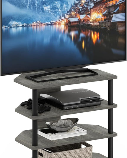 Furinno Turn-N-Tube Easy Assembly 4-Tier Petite Entertainment Center / TV Stand / TV Unit / TV Desk, French Oak Grey/Black - LeafyLoom