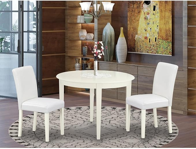 East West Furniture BOAB3-LWH-64 Boston 3 Piece Set Contains a Round Kitchen Table and 2 Faux Leather Parson Dining Room Chairs, Linen White, 42x42 Inch - LeafyLoom