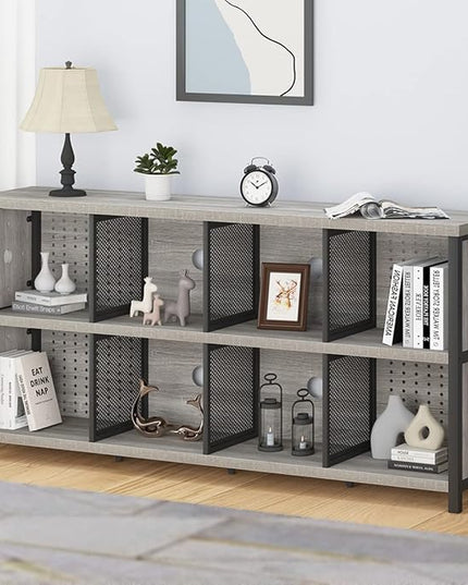 LVB Industrial 4 5 6 7 8 Cube Bookcase, Rustic Wood Metal Horizontal Bookshelf, Modern Wide Cube Organizer Storage Shelf, Large Long Low Book Shelf for Office Bedroom Living Room, Light Grey Oak 63 In - LeafyLoom
