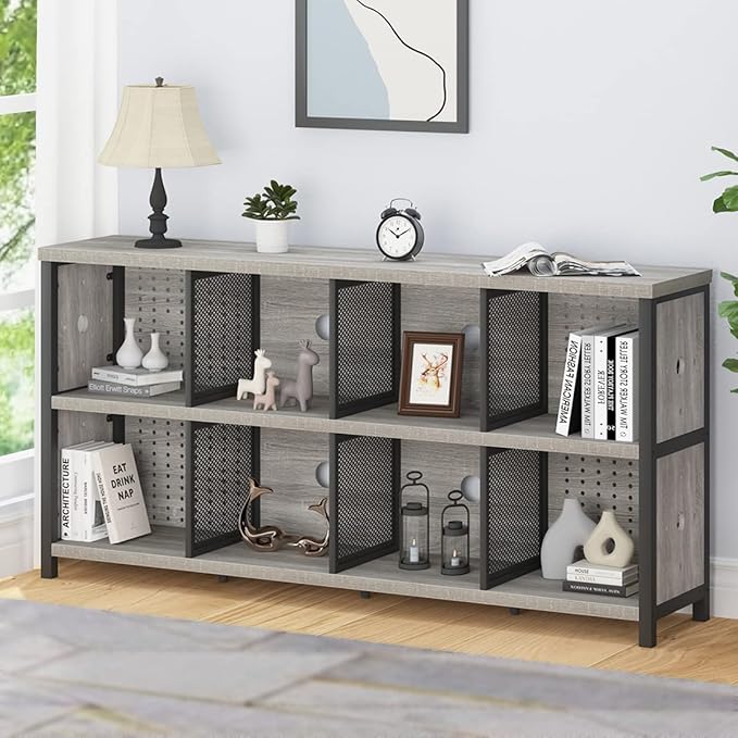 LVB Industrial 4 5 6 7 8 Cube Bookcase, Rustic Wood Metal Horizontal Bookshelf, Modern Wide Cube Organizer Storage Shelf, Large Long Low Book Shelf for Office Bedroom Living Room, Light Grey Oak 63 In - LeafyLoom