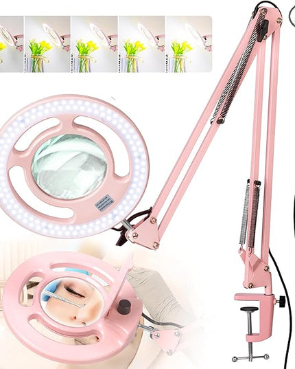 HITTI 2200 Lumens 10X Magnifying Glass with Light and Stand, 24W Super Bright Esthetician Light Magnifier, Stepless Dimmable Hands Free Magnfiying Lamp for Workbench Craft Painting Nail Hobby - Pink - LeafyLoom