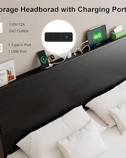 Feonase Queen Size Bed Frame with Ergonomic Storage Headboard & Charging Station, LED Platform Bed Frame, Heavy Duty Metal Slats, No Box Spring Needed, Easy Assembly, Black - LeafyLoom