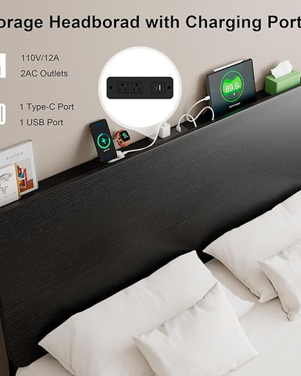 Feonase Full Size Bed Frame with Ergonomic Storage Headboard & Charging Station, LED Platform Bed Frame, Heavy Duty Metal Slats, No Box Spring Needed, Easy Assembly, Black - LeafyLoom