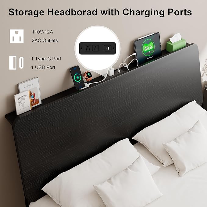 Feonase Full Size Bed Frame with Ergonomic Storage Headboard & Charging Station, LED Platform Bed Frame, Heavy Duty Metal Slats, No Box Spring Needed, Easy Assembly, Black - LeafyLoom