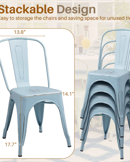 Furmax Metal Dining Chair Indoor Outdoor Use Stackable Chic Side Classic Trattoria Metal Chairs Set of 4 for Kitchen, Dining Room, Bistro and Cafe (Distressed White) - LeafyLoom