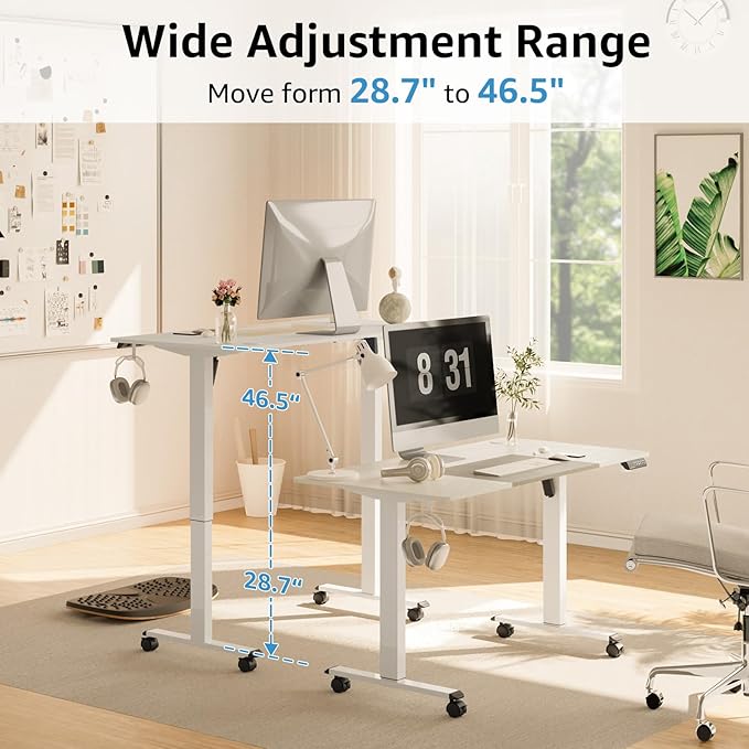 MOUNTUP 55x28 Inches Electric Height Adjustable Standing Desk, Sit Stand Desk with Memory Controller, Ergonomic Stand Up Desk for Home Office with Splice Board, White+Oak - LeafyLoom