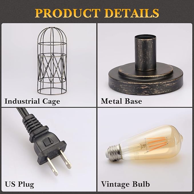 Industrial Table Lamp, Small Touch Lamp with Rustic Cage Vintage Bedside Lamp 3 Way Dimmable Nightstand Lamp Edison Desk Lamp for Bedroom, Living Room, Hallway, Entryway, Kitchen, 4W LED Bulb Included - LeafyLoom