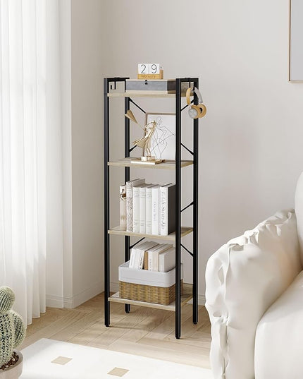 Bookshelf, Book Shelf, Industrial Bookcase with 2 Hooks, Coner Shelf Storage Organizer for Home Office, Living Room, Bedroom, Kitchen, 4-Tier Greige BC10405B - LeafyLoom