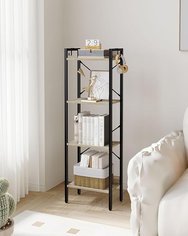 Bookshelf, Book Shelf, Industrial Bookcase with 2 Hooks, Coner Shelf Storage Organizer for Home Office, Living Room, Bedroom, Kitchen, 4-Tier Greige BC10405B - LeafyLoom