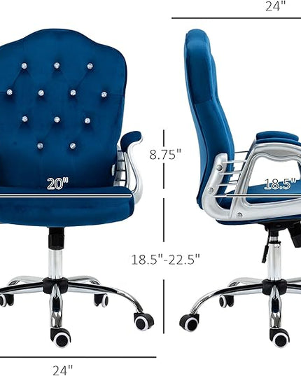 Vinsetto Home Office Chair, Velvet Computer Chair, Button Tufted Desk Chair with Swivel Wheels, Adjustable Height, and Tilt Function, Blue - LeafyLoom