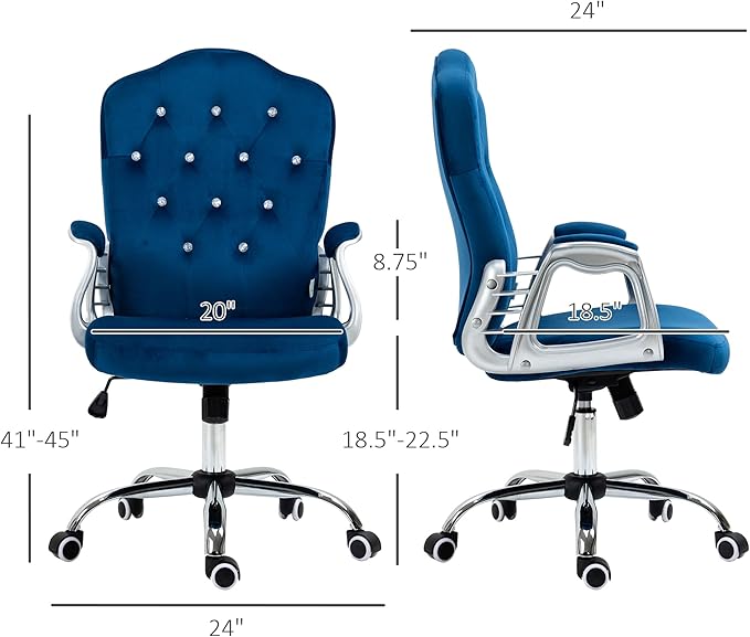 Vinsetto Home Office Chair, Velvet Computer Chair, Button Tufted Desk Chair with Swivel Wheels, Adjustable Height, and Tilt Function, Blue - LeafyLoom