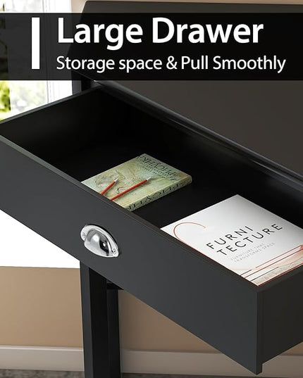 Nightcore Small, Wood Computer Desk, Compact Writing w/Drawer & Storage Shelves, Space Saving Study Workstation, Laptop PC Corner Table, Coffee - LeafyLoom