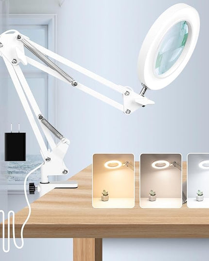 10X Magnifying Glass with Light, Flexible Arm Magnifier Lamp, 3 Color Modes & Stepless Dimming Magnifying Lamp with Clamp, Hands Free Lighted Magnifying Glass for Hobby Craft Workbench-White - LeafyLoom