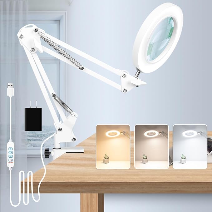 10X Magnifying Glass with Light, Flexible Arm Magnifier Lamp, 3 Color Modes & Stepless Dimming Magnifying Lamp with Clamp, Hands Free Lighted Magnifying Glass for Hobby Craft Workbench-White - LeafyLoom