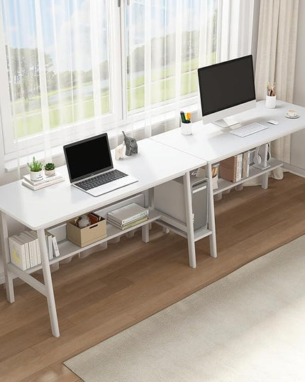 2-Person Writing Desk with Bookshelf - 110" Wooden Extra Long Home Office Work Table, Double Study Computer Workstation with Storage Shelves in White, 110" W x 24" D - LeafyLoom