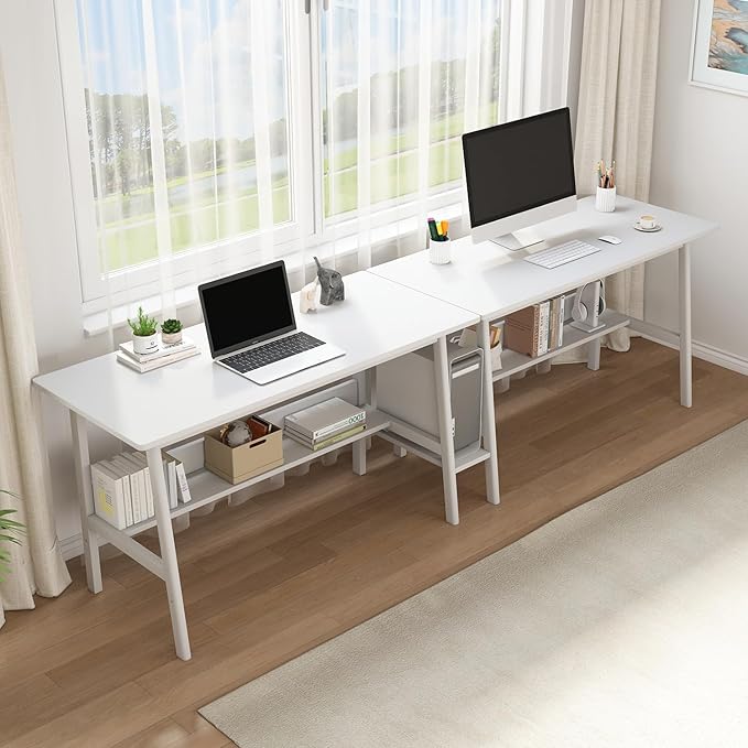 2-Person Writing Desk with Bookshelf - 110" Wooden Extra Long Home Office Work Table, Double Study Computer Workstation with Storage Shelves in White, 110" W x 24" D - LeafyLoom