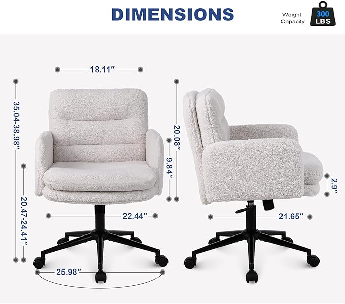Adjustable Height Home Office Chair, Modern Mid Back Computer Desk Chair with Wheels, Ergonomic Upholstered Swivel Chair, Cream - LeafyLoom