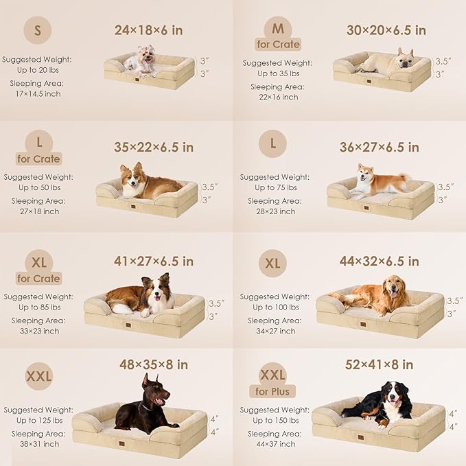 EHEYCIGA Orthopedic Dog Beds for Large Dogs, Waterproof Memory Foam Large Dog Bed with Sides, Non-Slip Bottom and Egg-Crate Foam Large Dog Couch Bed with Washable Removable Cover, Greige EHEYCIGA