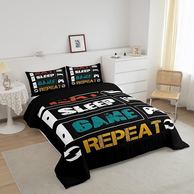Gamer Comforter Set Full Gaming Bedding Set for Boys Teens Girls Kids Video Games Controller Comforter Funny Creative Eat Sleep Game Repeat Design Reversible Down Comforter for All Season Room Decor - LeafyLoom