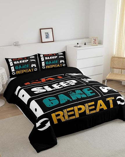 Boys Gaming Comforter Sets for Kids Twin Size Gamer Bedding Set Teens Video Games Comforter Duvet Room Decor Funny Creative Eat Sleep Game Repeat Design Reversible Inner Fill Quilt Set All Season - LeafyLoom
