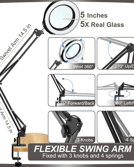 VEEMAGNI 5 Inch Large Magnifying Glass with Light and Stand, 5 Color Modes Stepless Dimmable, Long Swivel Arm LED Clamp Desk Lamp, Hands Free 10X Lighted Magnifier for Close Work Craft Hobby Soldering - LeafyLoom
