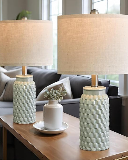 20.5 inches Modern Ceramic Green Bedside Lamp Set of 2 for Bedroom Decor Farmhouse Table Lamp for Living Room Office Dorm - LeafyLoom
