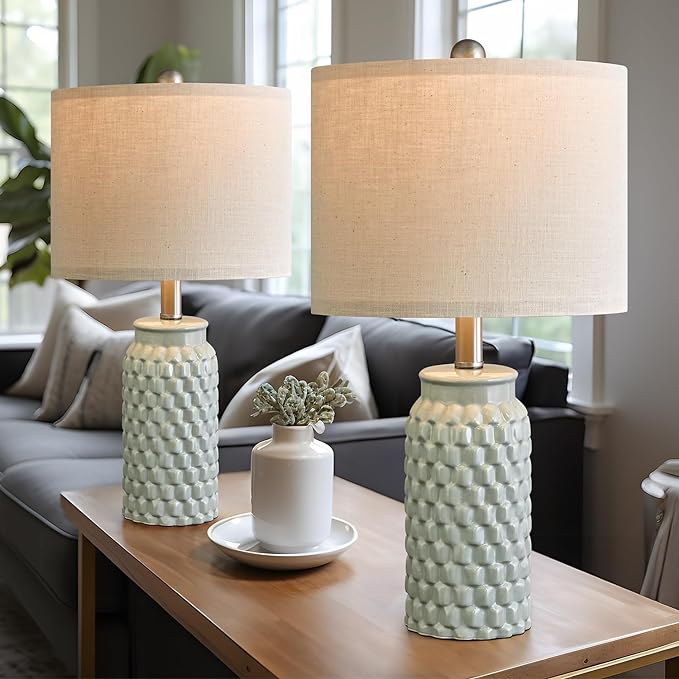 20.5 inches Modern Ceramic Green Bedside Lamp Set of 2 for Bedroom Decor Farmhouse Table Lamp for Living Room Office Dorm - LeafyLoom