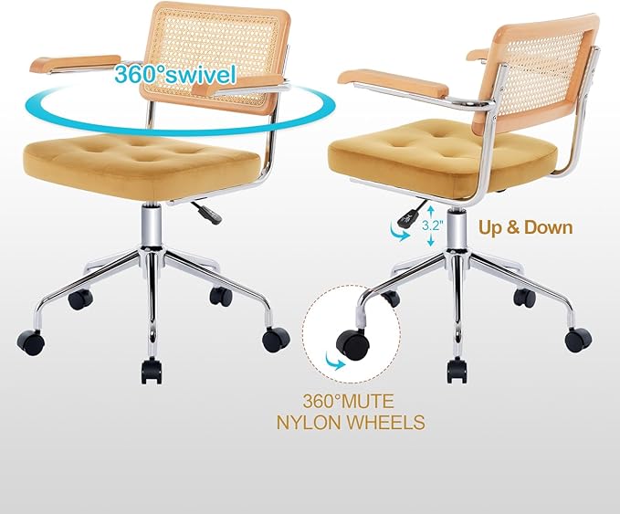 Zesthouse Modern Home Office Chair Velvet Desk Chair with Natural Rattan Back, Vanity Chair for Girls Women, Upholstered Tufted Swivel Armchair, Height Adjustable Computer Task Chair, Yellow - LeafyLoom