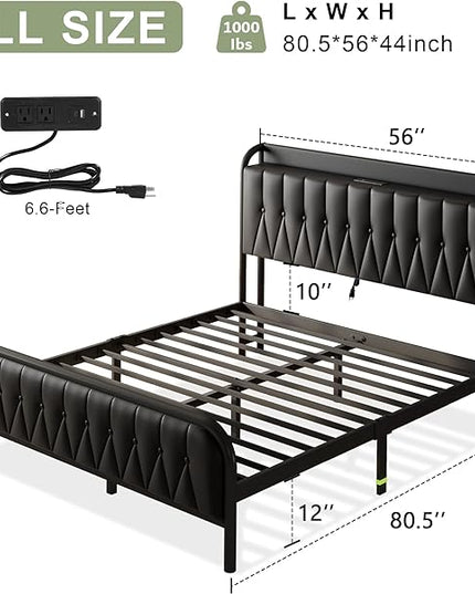 Feonase Full Bed Frame with Type-C & USB Port, Metal Platform Beds, with Faux Leather Upholstered Headboard & Footboard, 12" Underbed Storage Space, Easy Assembly, Noise-Free, Black - LeafyLoom
