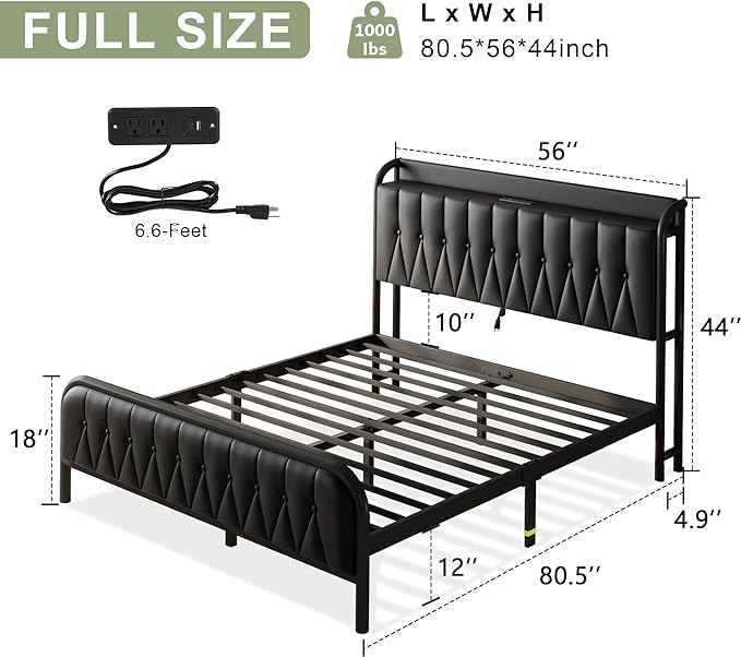 Feonase Full Bed Frame with Type-C & USB Port, Metal Platform Beds, with Faux Leather Upholstered Headboard & Footboard, 12" Underbed Storage Space, Easy Assembly, Noise-Free, Black - LeafyLoom